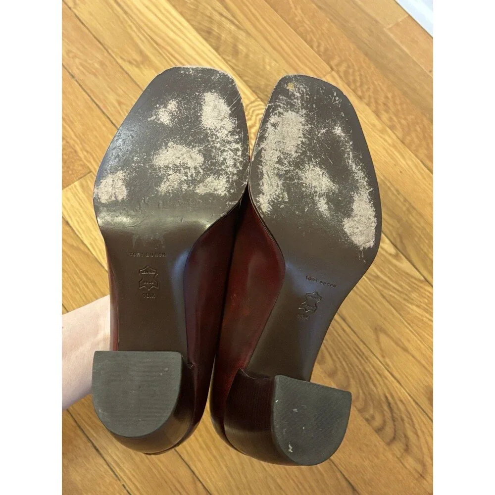 Tory Burch Burgundy Buckle Loafers Curved Block Heels Wild Berry Leather 10 - Picture 7 of 16